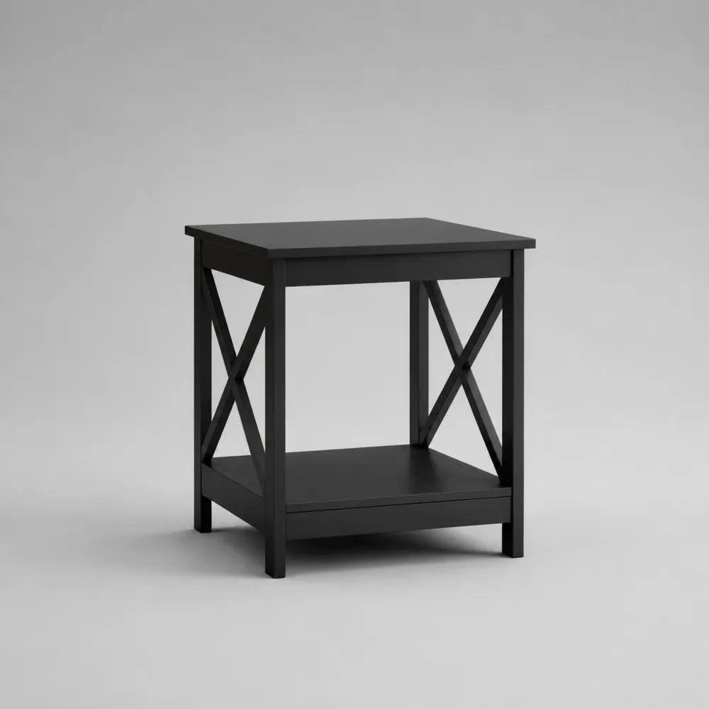 Comodino 45 x 40 x 55 cm in legno MDF verniciato nero con ripiano inferiore e struttura laterale a X