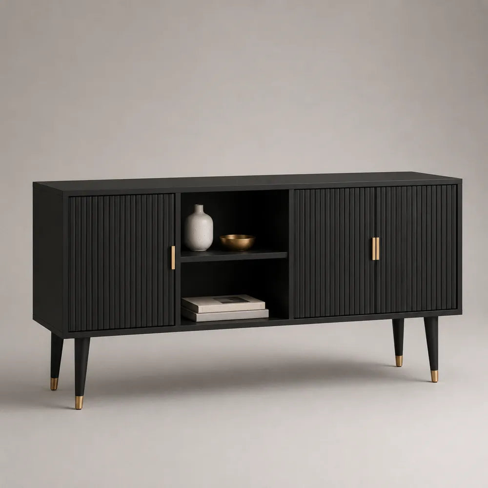 Mobile TV rettangolare in MDF nero con ante scanalate e vano centrale aperto gambe in metallo nero e oro 160 cm 40 cm 60 cm