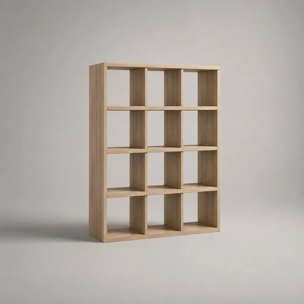 Libreria rettangolare in legno ingegnerizzato MDF effetto rovere chiaro 120 cm 30 cm 160 cm con 12 scomparti a giorno