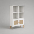 Libreria 80 x 35 x 140 cm in pannelli MDF bianco con ante in intreccio rattan e gambe in legno naturale struttura rettangolare
