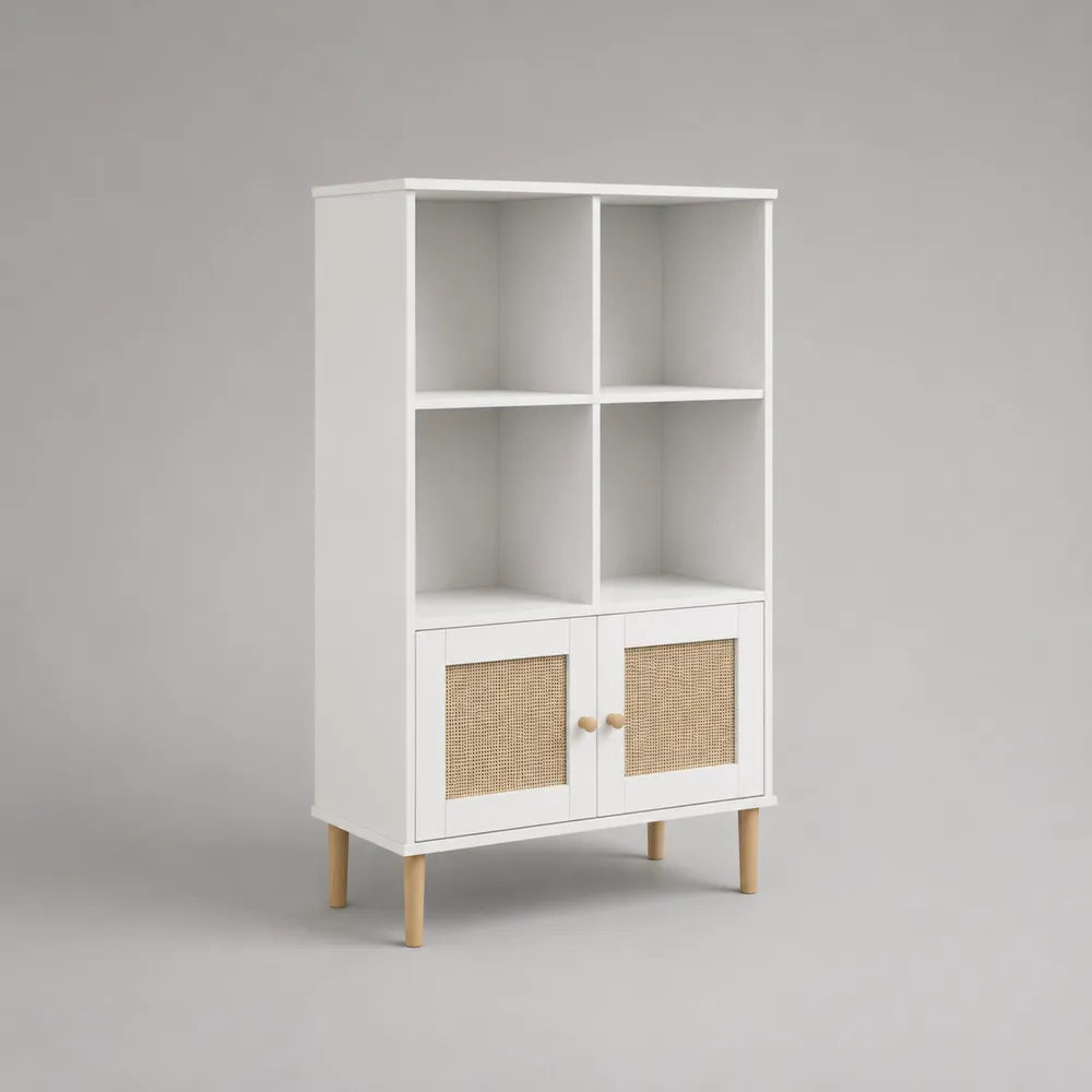 Libreria 80 x 35 x 140 cm in pannelli MDF bianco con ante in intreccio rattan e gambe in legno naturale struttura rettangolare
