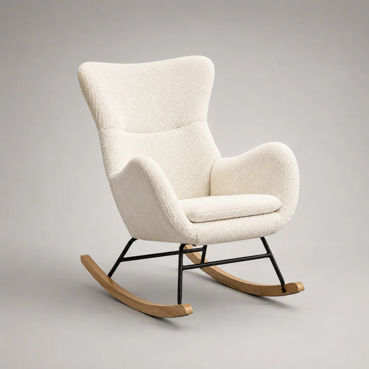 Poltrona a dondolo 75 x 85 x 100 cm in tessuto bouclé crema con struttura in acciaio nero e pattini in legno massello