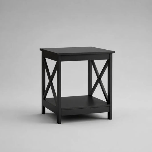 Comodino 45 x 40 x 55 cm in legno MDF verniciato nero con ripiano inferiore e struttura laterale a X