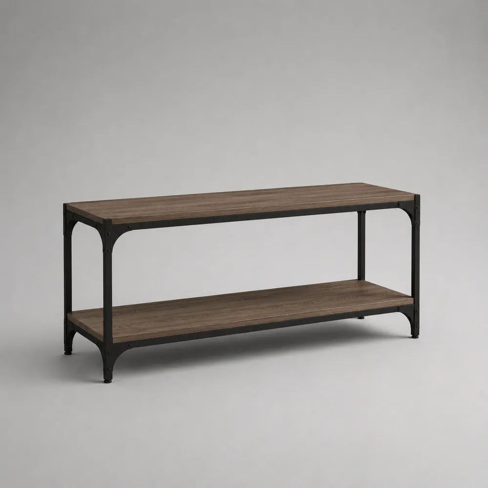 Mobile TV rettangolare in legno MDF effetto noce con struttura in acciaio nero ripiani aperti 120 cm 40 cm 50 cm