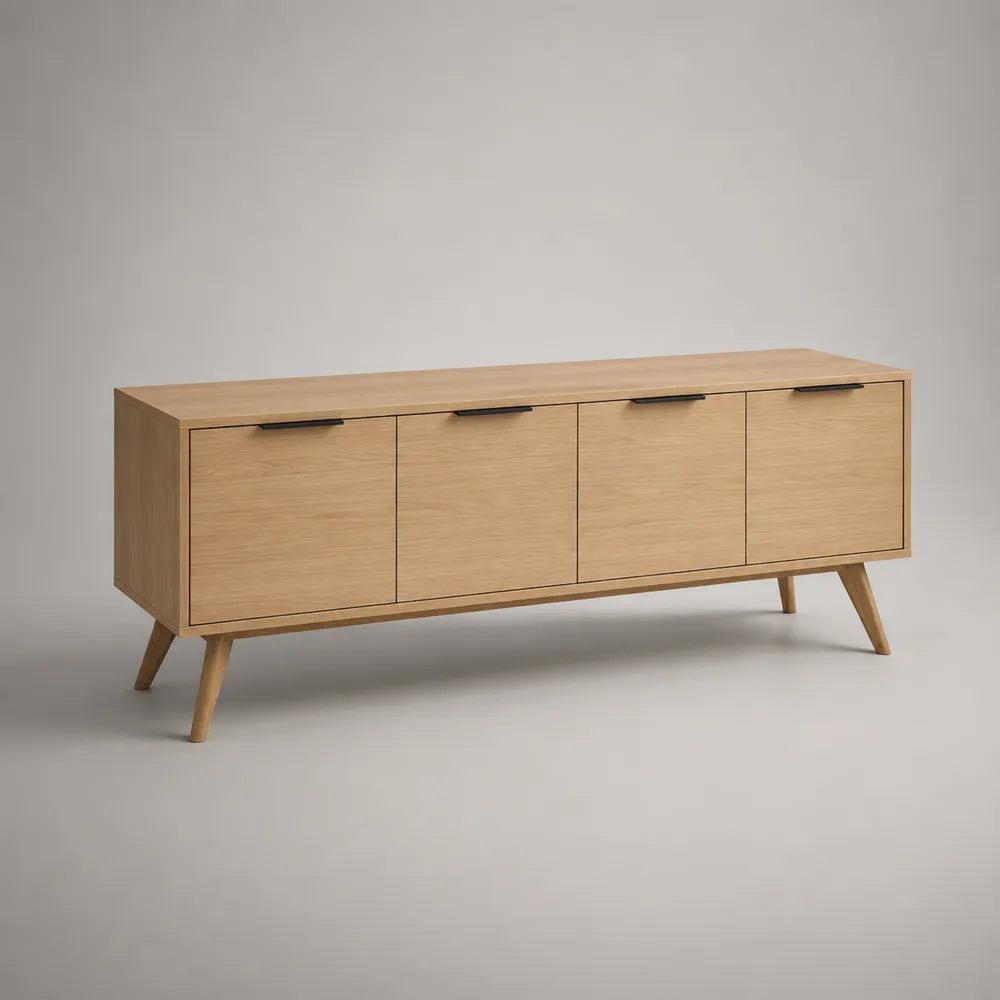 Mobile TV rettangolare con 4 ante e maniglie nere in MDF effetto rovere naturale con gambe inclinate in legno 180 x 40 x 55 cm