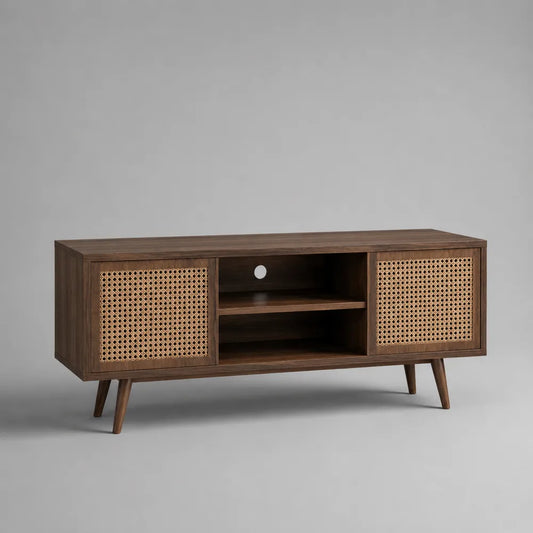 Mobile TV rettangolare in legno ingegnerizzato effetto noce con ante in rattan naturale e gambe in legno 160 cm 40 cm 50 cm