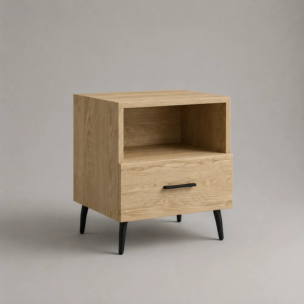 Comodino 45 x 40 x 55 cm con cassetto e vano aperto in MDF effetto rovere naturale con gambe in acciaio nero struttura rettangolare
