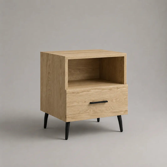 Comodino 45 x 40 x 55 cm con cassetto e vano aperto in MDF effetto rovere naturale con gambe in acciaio nero struttura rettangolare