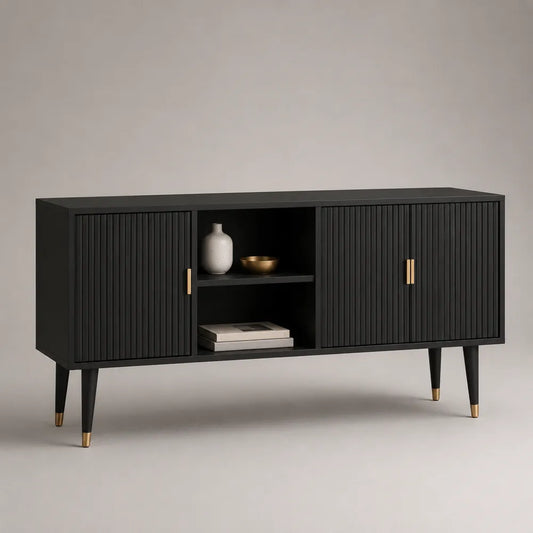 Mobile TV rettangolare in MDF nero con ante scanalate e vano centrale aperto gambe in metallo nero e oro 160 cm 40 cm 60 cm