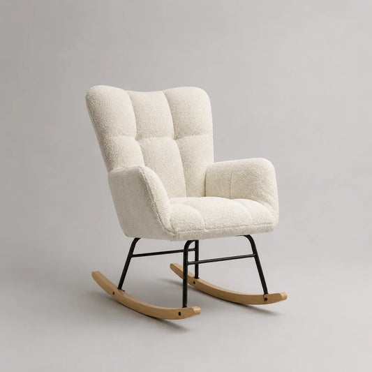 Sedia a dondolo 72 x 85 x 100 cm in tessuto bouclé crema con struttura in acciaio nero e pattini in legno massello