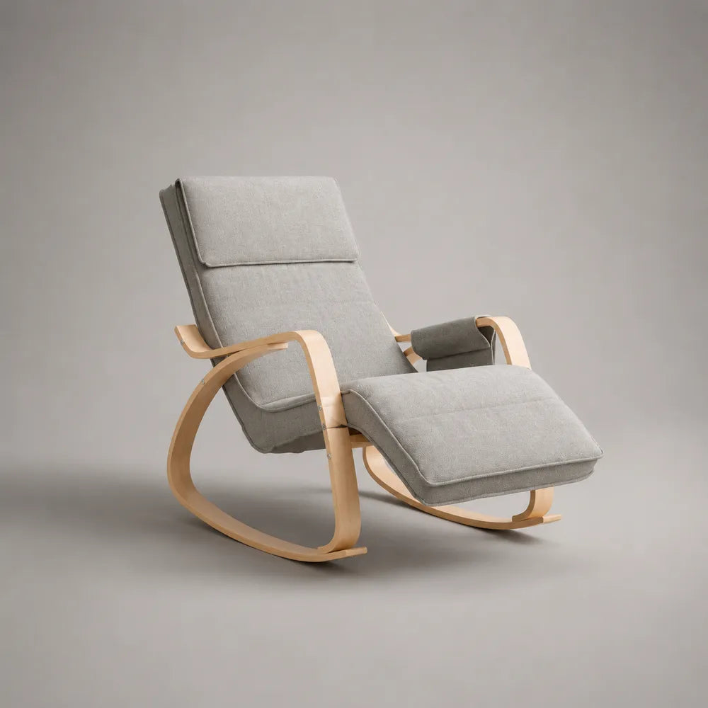 Sedia a dondolo imbottita con poggiapiedi struttura curva in faggio lamellare tessuto poliestere grigio chiaro e naturale 68 cm 115 cm 92 cm