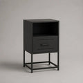 Comodino 40 x 35 x 60 cm in MDF e acciaio verniciato nero con cassetto forato vano aperto e struttura a telaio metallico