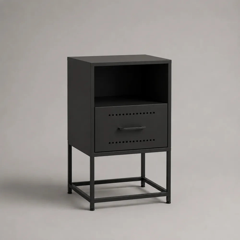 Comodino 40 x 35 x 60 cm in MDF e acciaio verniciato nero con cassetto forato vano aperto e struttura a telaio metallico