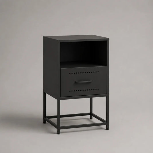 Comodino 40 x 35 x 60 cm in MDF e acciaio verniciato nero con cassetto forato vano aperto e struttura a telaio metallico