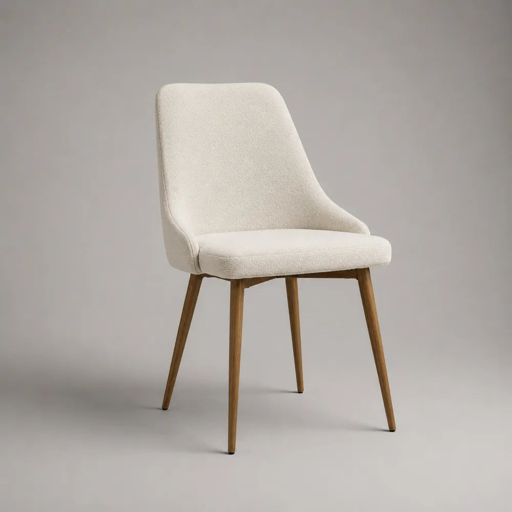 Sedia da pranzo 45 x 52 x 85 cm imbottita tessuto bouclé poliestere bianco avorio schienale curvo gambe in legno massello finitura naturale