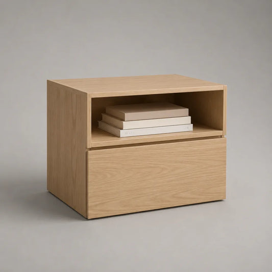 Comodino 55 x 40 x 45 cm in pannello truciolare effetto rovere naturale con cassetto e vano aperto struttura rettangolare