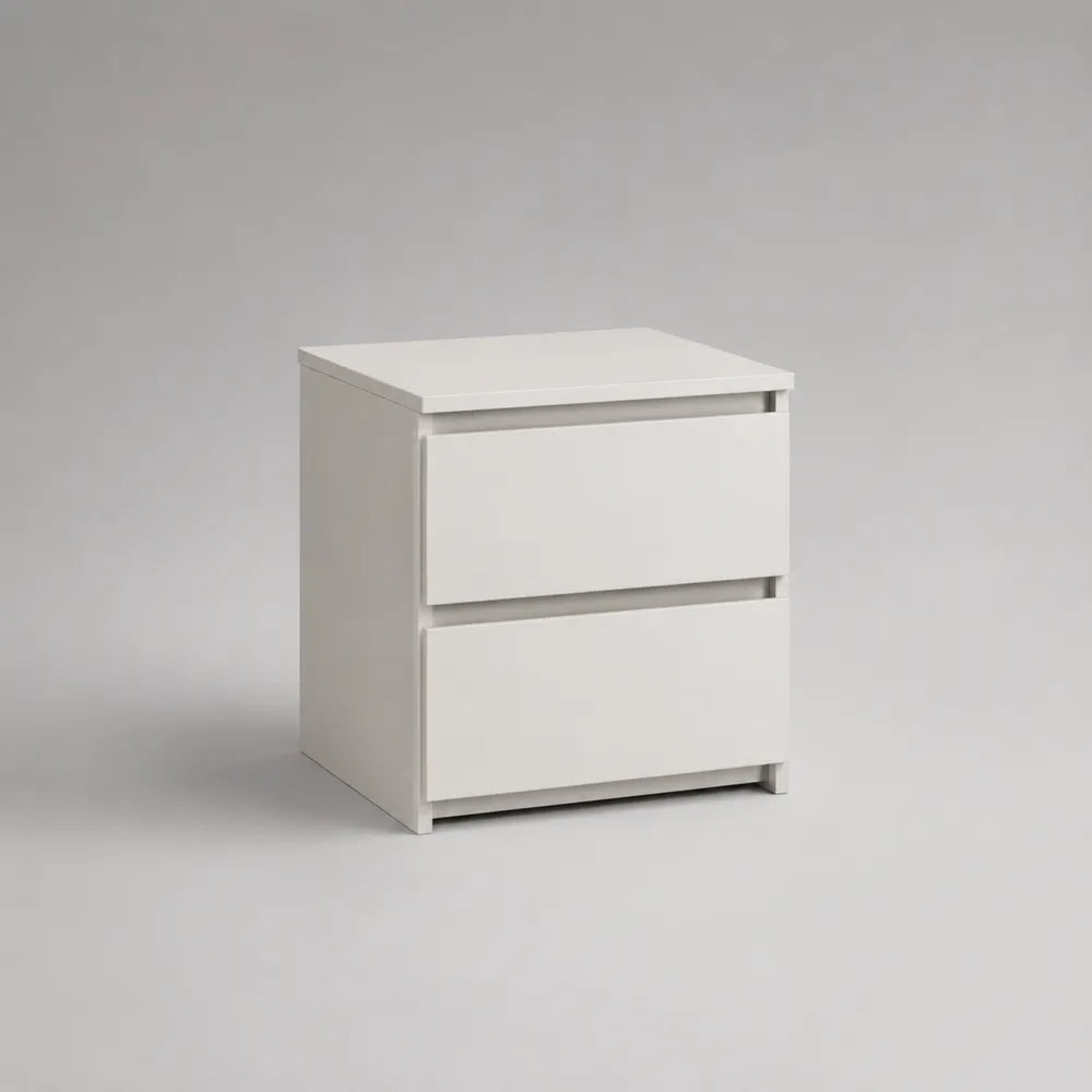 Comodino 45 x 40 x 50 cm in pannello truciolare melaminico bianco opaco con 2 cassetti senza maniglie struttura rettangolare