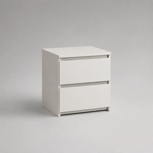 Comodino 45 x 40 x 50 cm in pannello truciolare melaminico bianco opaco con 2 cassetti senza maniglie struttura rettangolare