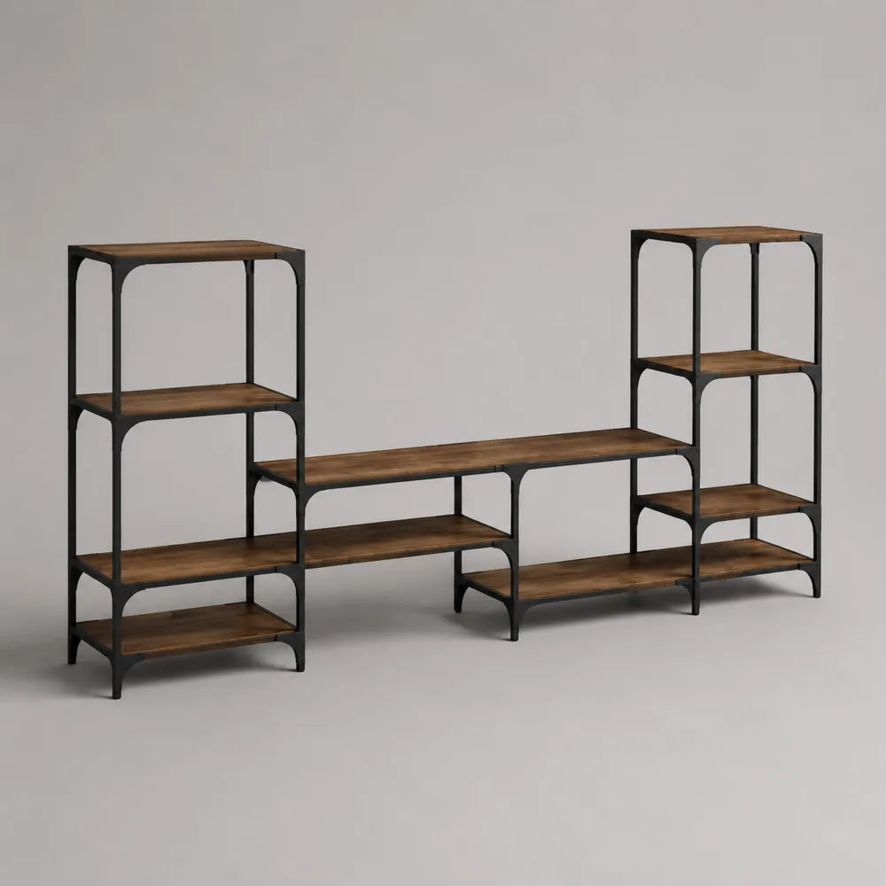 Mobile TV modulare con struttura in acciaio verniciato nero e ripiani in MDF effetto noce con doppia torre laterale 200 x 30 x 160 cm