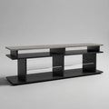 Mobile TV rettangolare aperto in MDF effetto grigio cemento con struttura in metallo nero e mensola in vetro 160 cm 40 cm 50 cm
