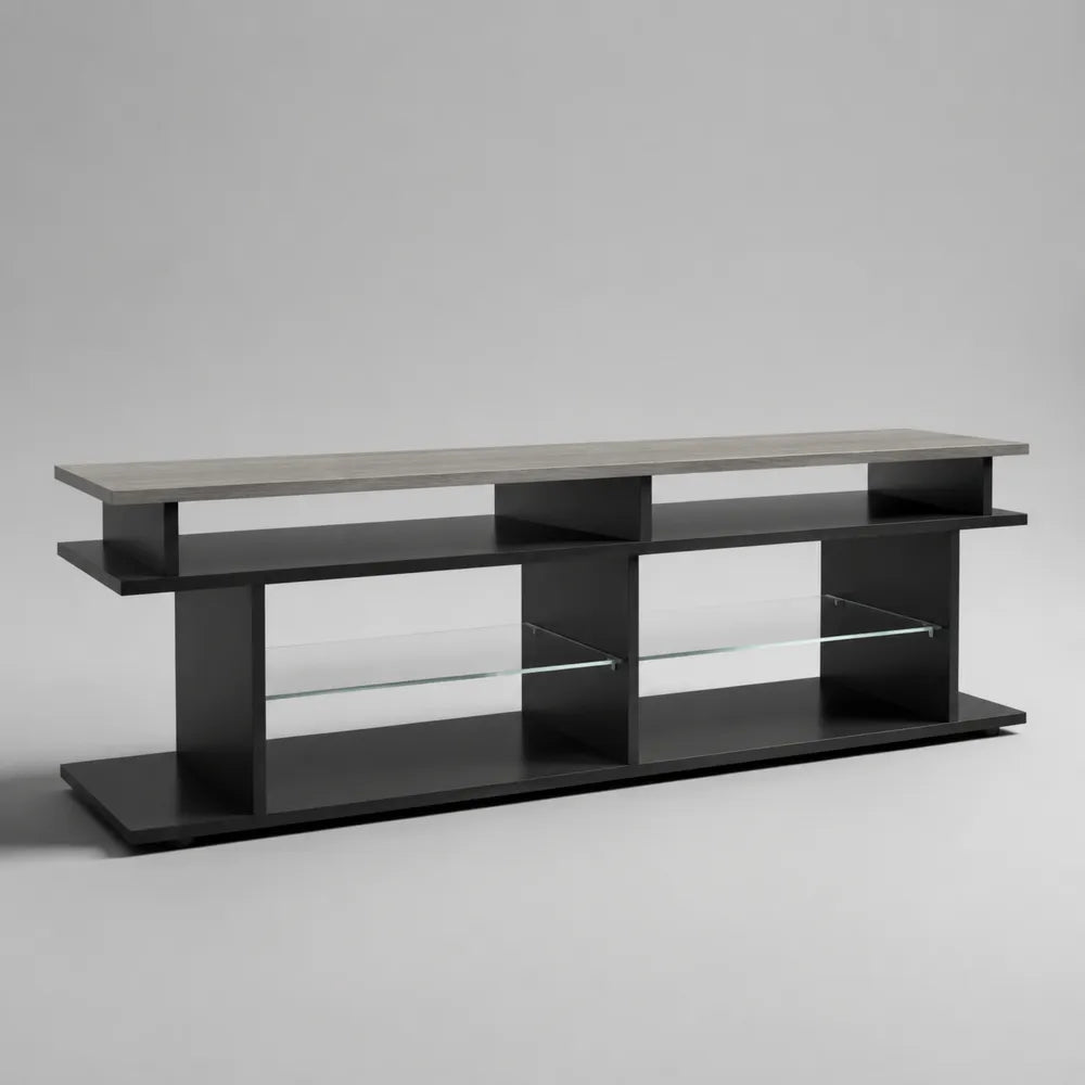 Mobile TV rettangolare aperto in MDF effetto grigio cemento con struttura in metallo nero e mensola in vetro 160 cm 40 cm 50 cm