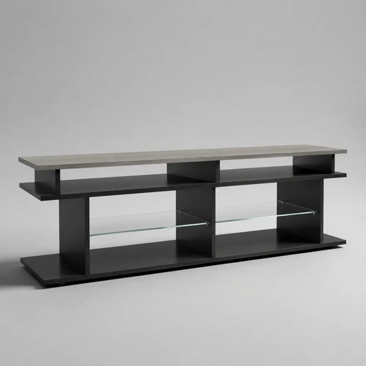 Mobile TV rettangolare aperto in MDF effetto grigio cemento con struttura in metallo nero e mensola in vetro 160 cm 40 cm 50 cm